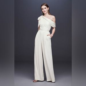 Davids Bridal ivory one-shoulder crepe wedding jumpsuit with bow, size 10